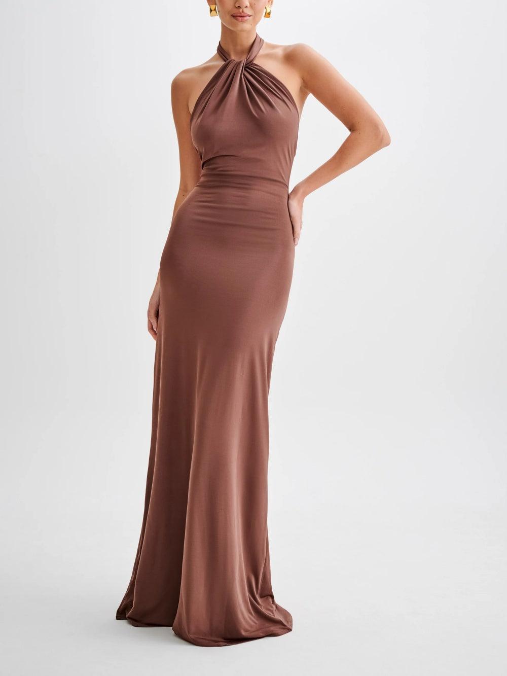 Women’s Halter Neck Maxi Dress - Ruched Waist Sleeveless Formal Evening Gown