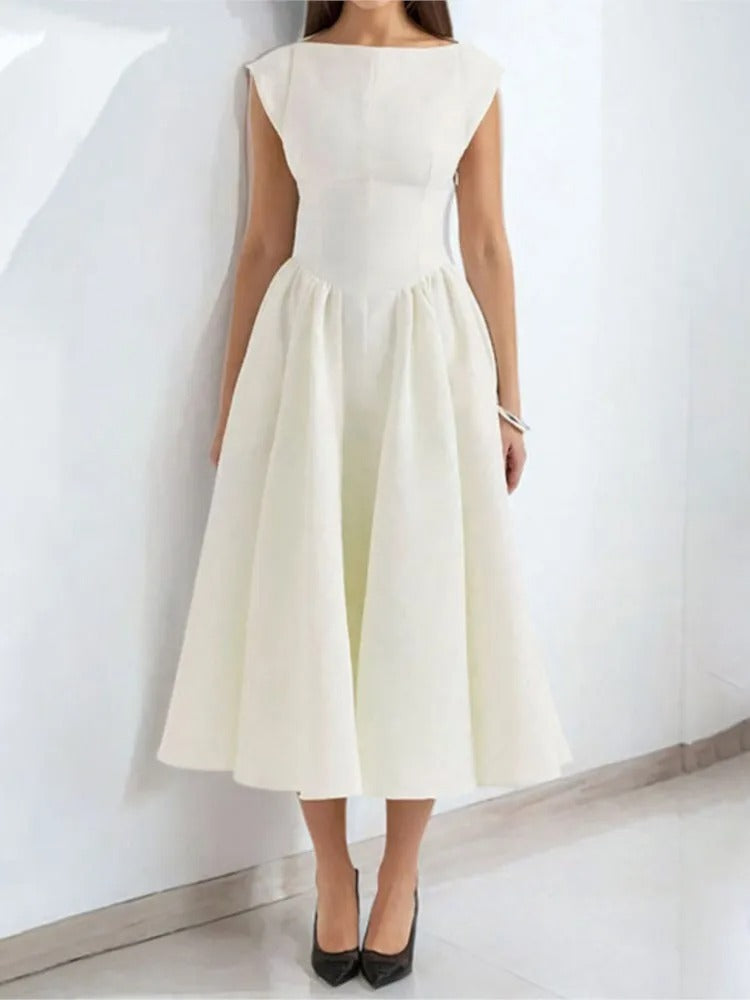 Isla | Women's 1950s-Inspired Satin Full-Skirt Midi Dress Bateau Neck