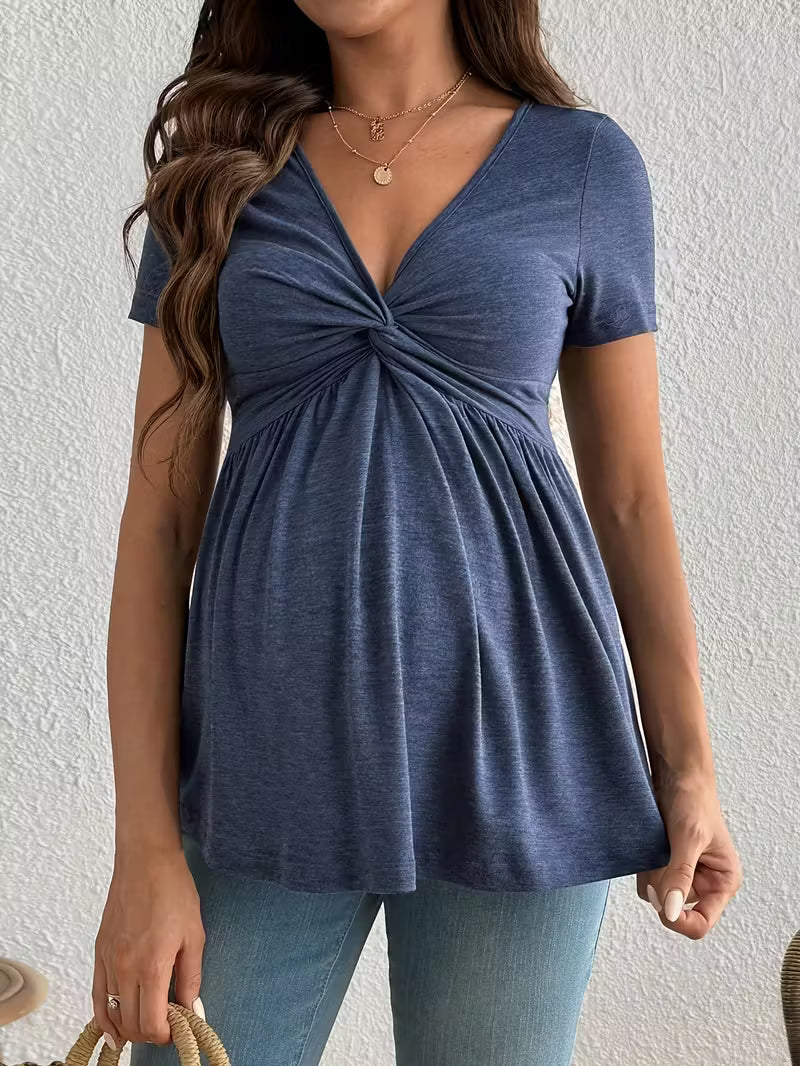 Women’s Maternity Twist Front Top - Short Sleeve V-Neck Pregnancy Blouse