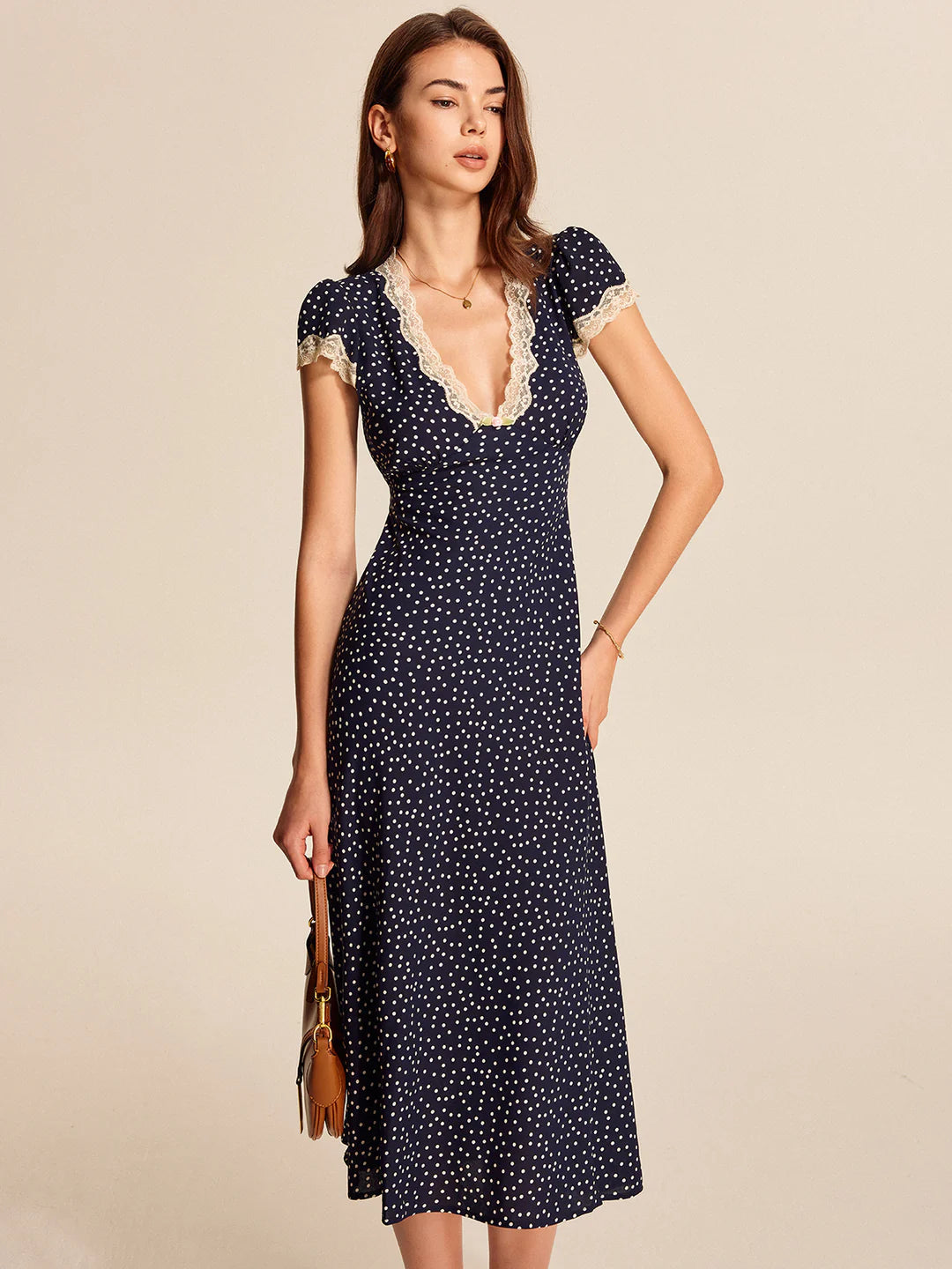 Ivy - Lace-Trimmed Polka Dot Midi Dress