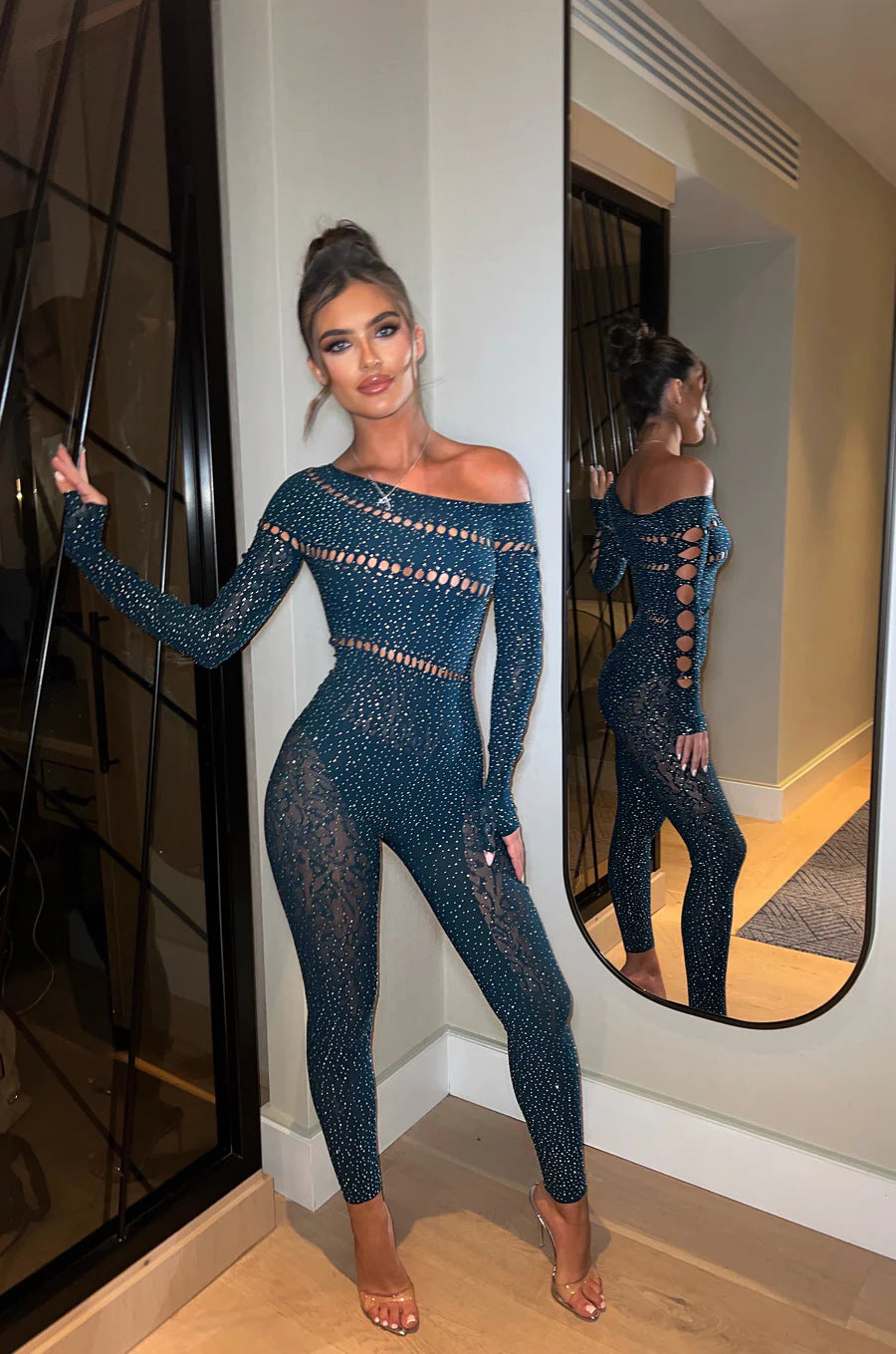 Women’s Off-Shoulder Rhinestone Jumpsuit - Long Sleeve Clubwear