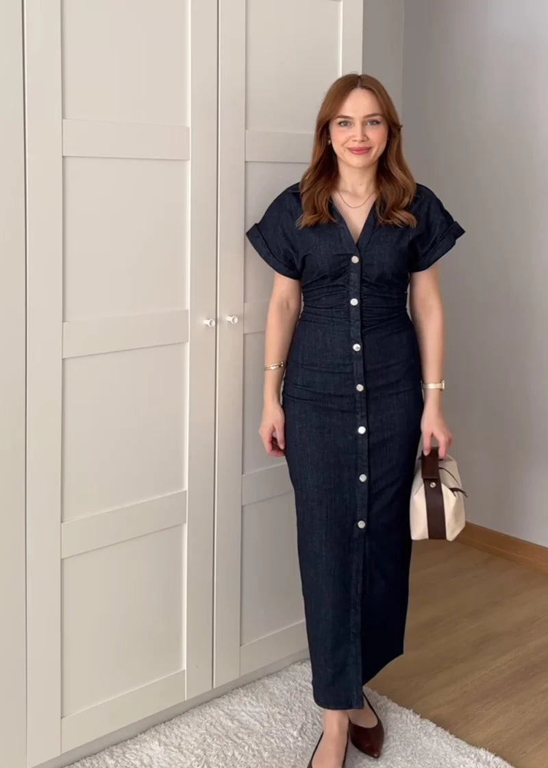 Women’s Midi Shirt Dress - Short Sleeve Button Down Collared Casual Dress