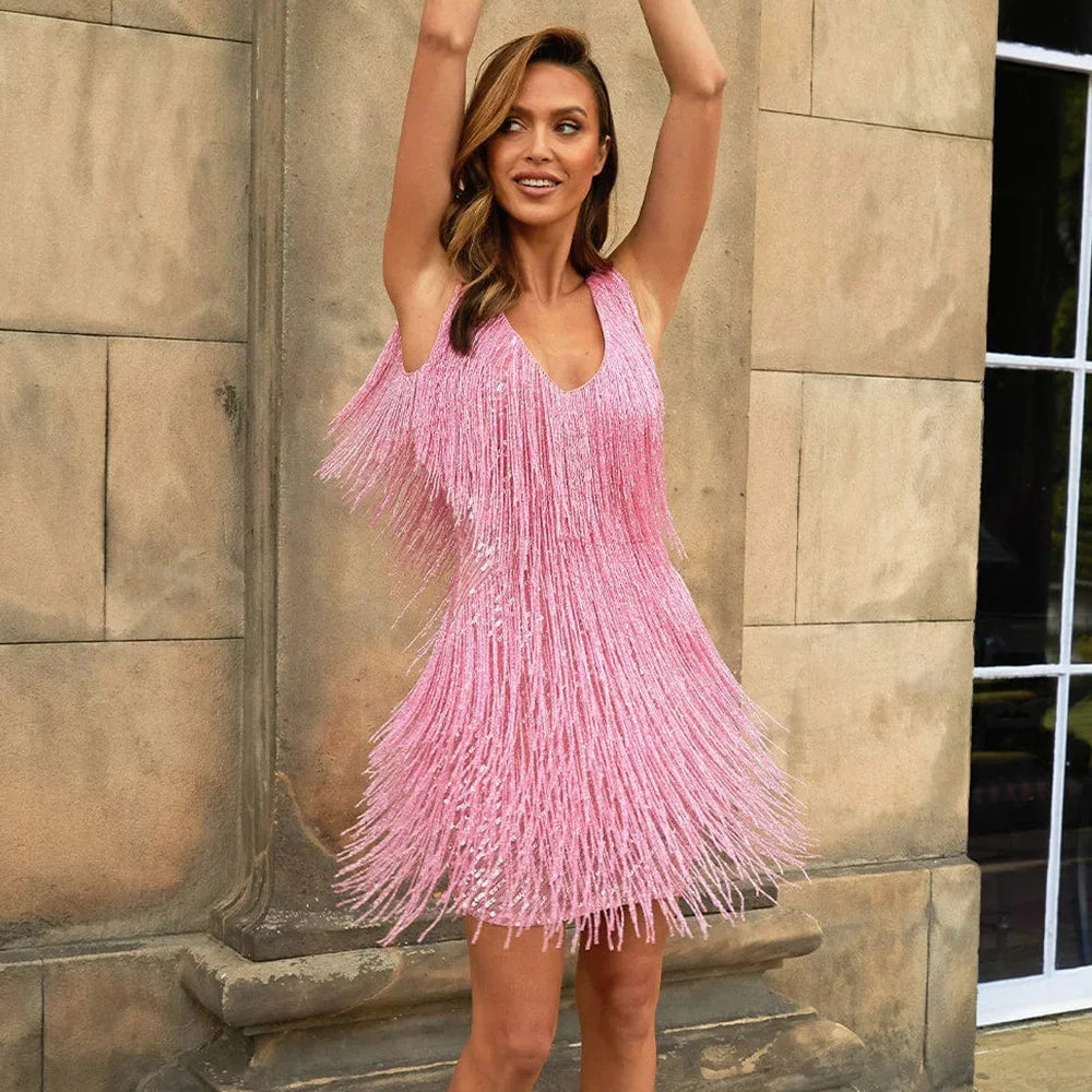 Women’s Fringe Mini Dress - V-Neck Tassel Cocktail Party Dress