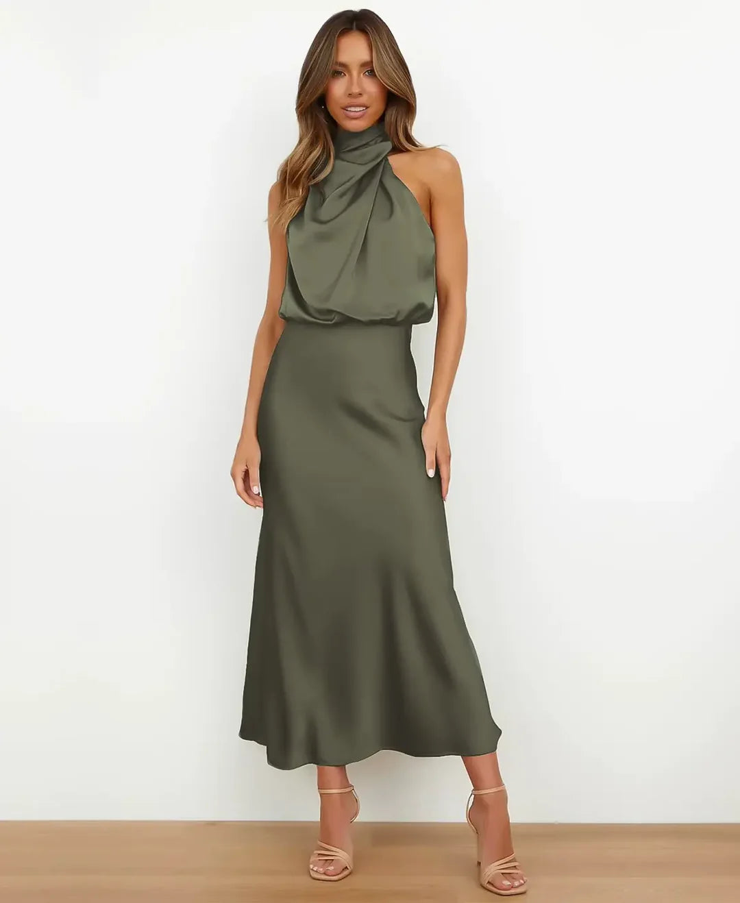 Women’s High Neck Midi Dress - Sleeveless Draped Halter Cocktail Gown