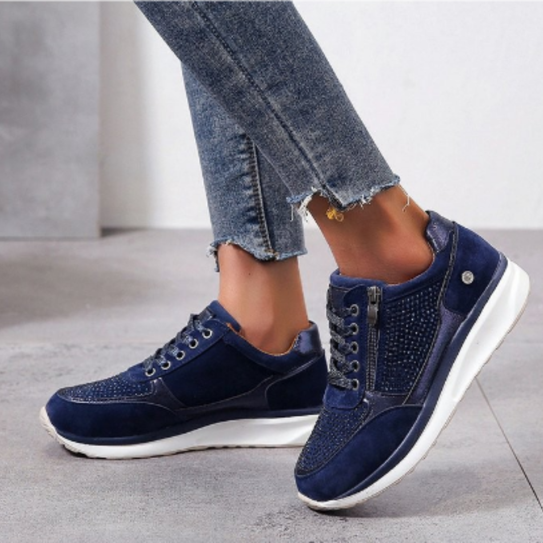 Women’s Rhinestone Zip-Up Platform Sneakers - Lace-Up Trainers