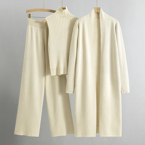 Women’s Three-Piece Lounge Set - Long Cardigan Sleeveless Top Wide-Leg Trousers