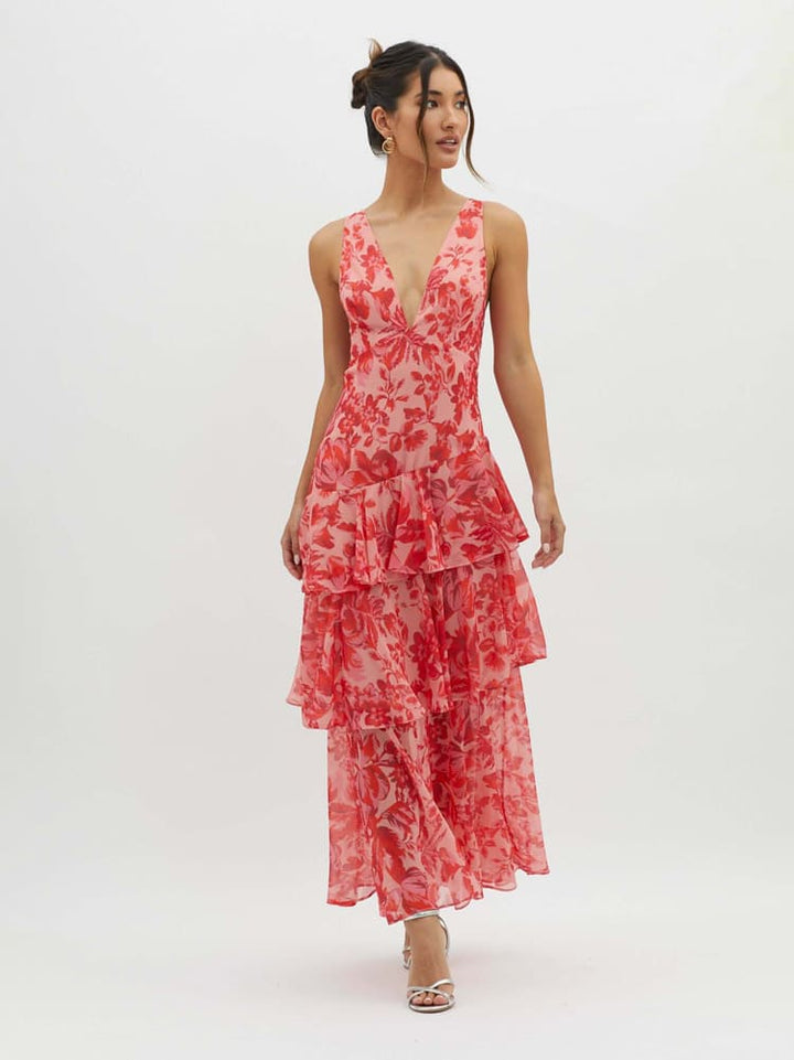Veda - Strappy Back Ruffle Midi Dress