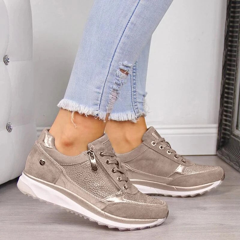 Women’s Rhinestone Zip-Up Platform Sneakers - Lace-Up Trainers
