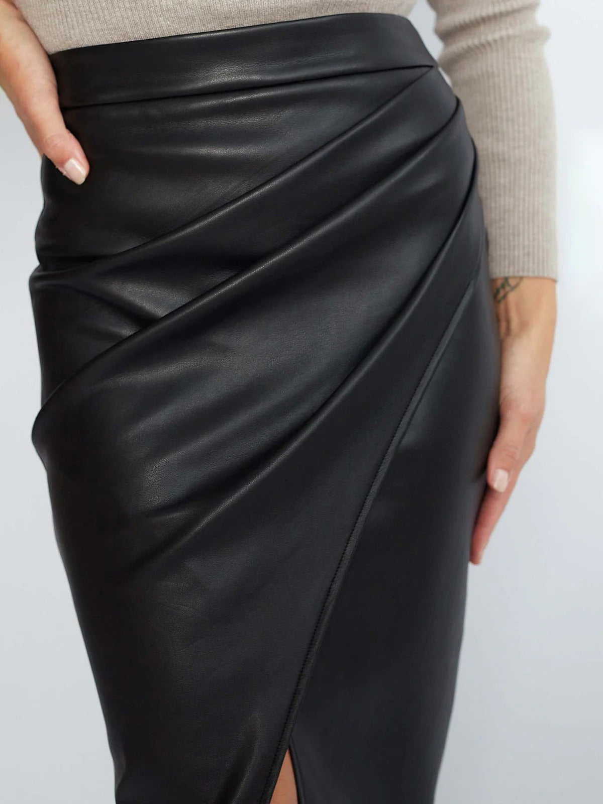 Women’s Faux Leather Wrap Midi Skirt - High Waist Split Hem