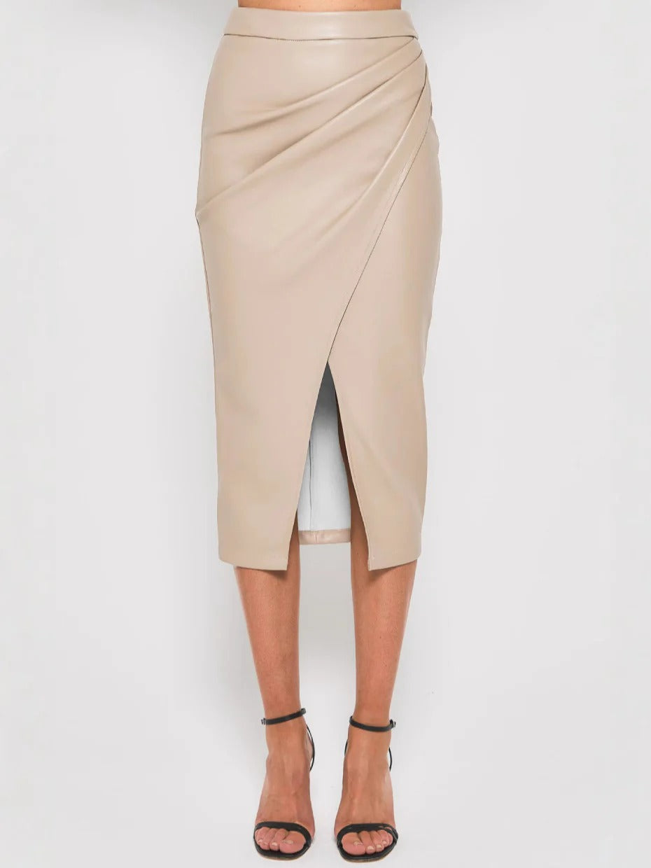 Women’s Faux Leather Wrap Midi Skirt - High Waist Split Hem