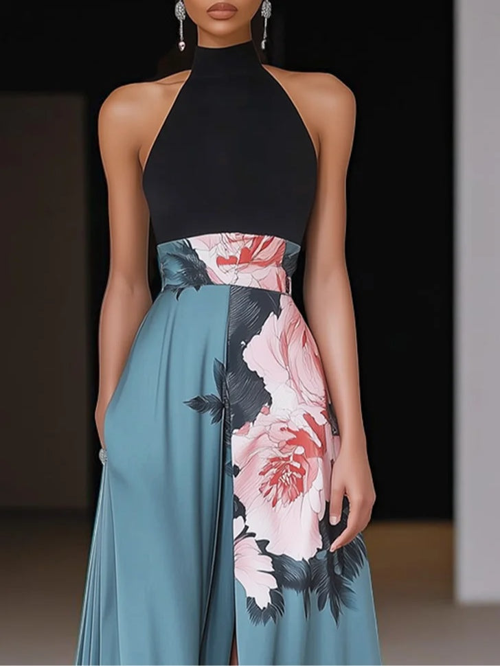 Women's Floral Crew Neck Sleeveless Maxi Dress