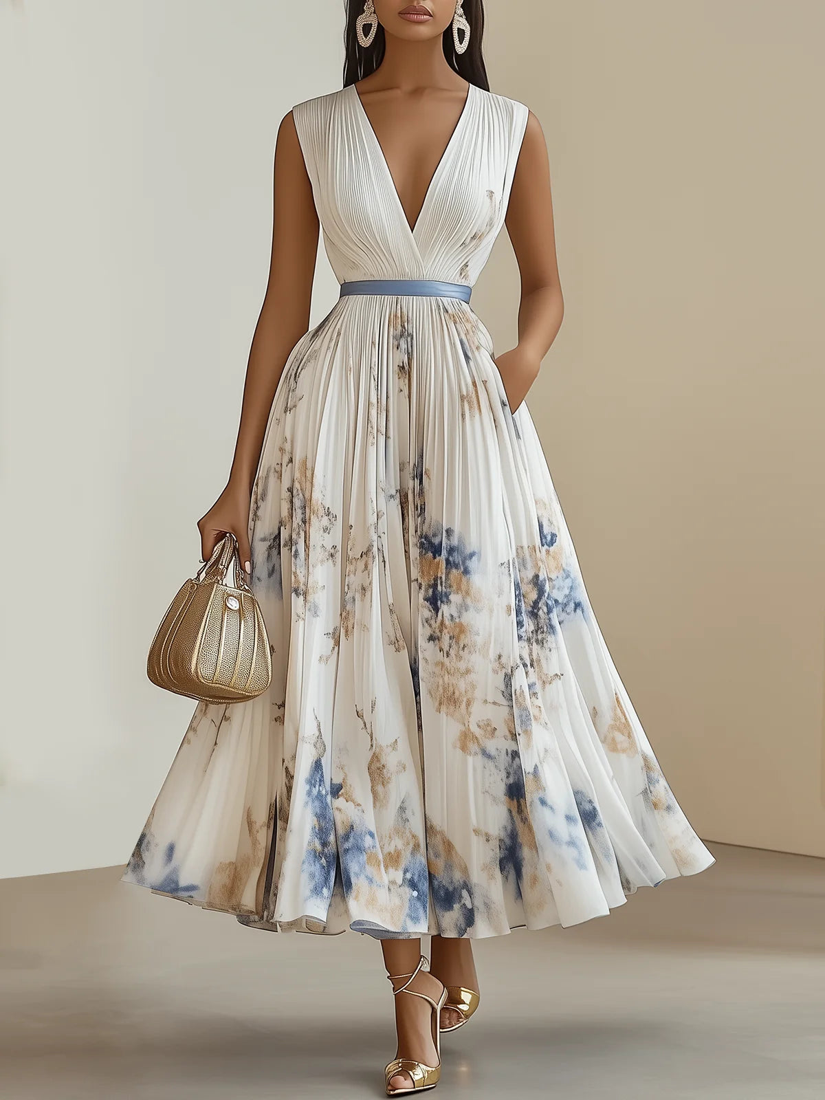 Amara - Brushstroke Pleated Midi Dress