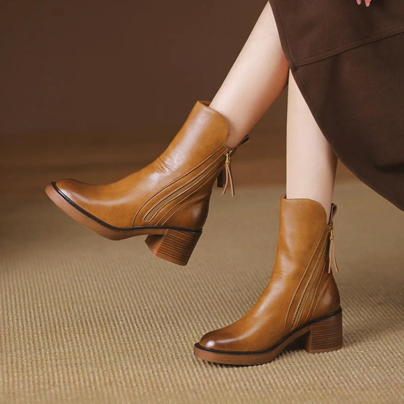 Women’s Block Heel Ankle Boots – Side Zipper Short Boots