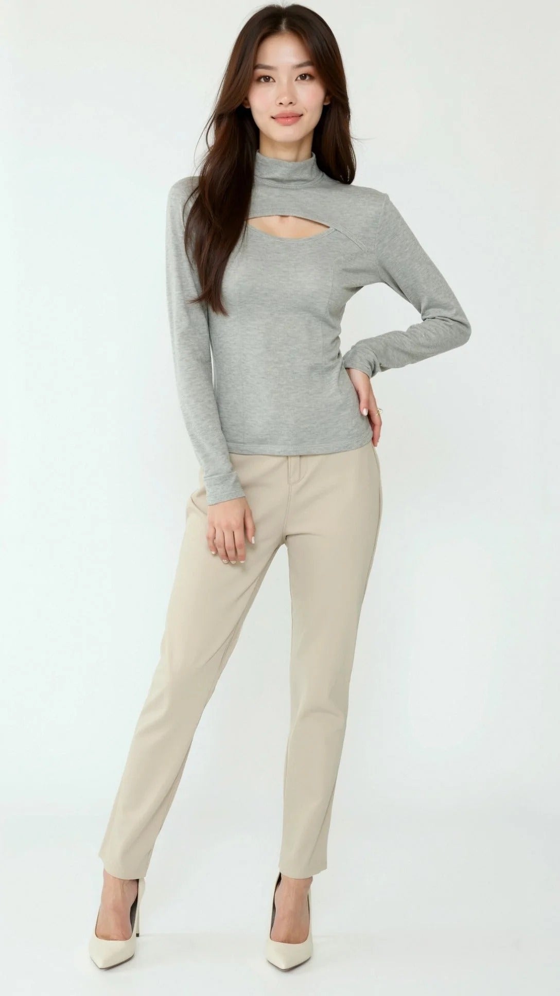 Women’s Cutout Long Sleeve Top - Mock Neck Fitted Blouse