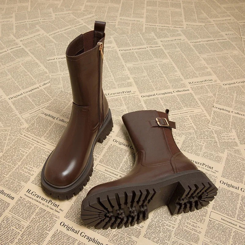 Women’s Mid-Calf Boots - Chunky Sole Buckle Side Zip