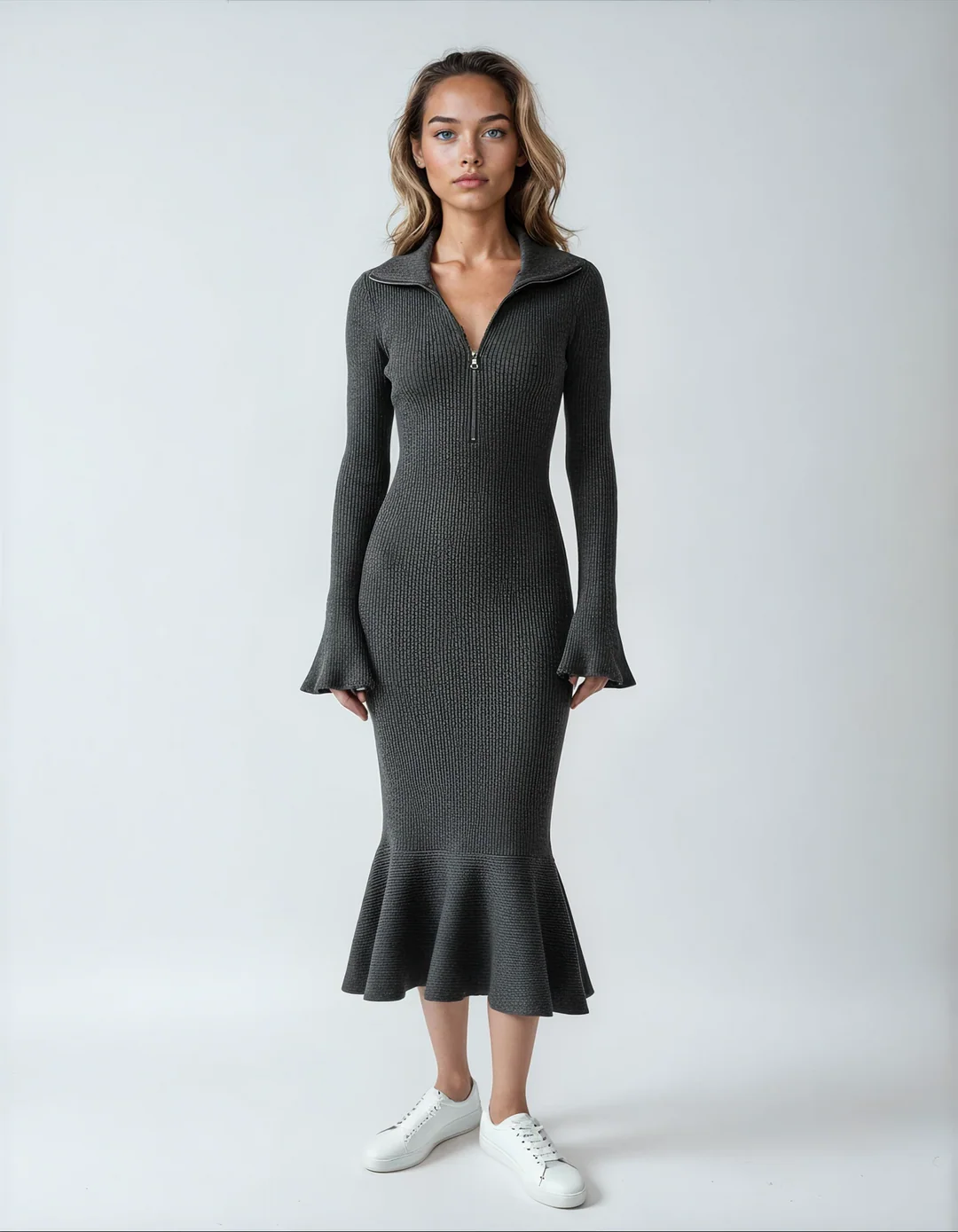 Women’s Kylie Flared Hem Knit Midi Dress - Elegant Zip-Front Bodycon Dress
