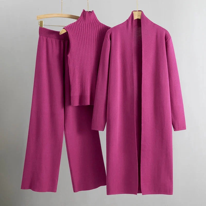 Women’s Three-Piece Lounge Set - Long Cardigan Sleeveless Top Wide-Leg Trousers