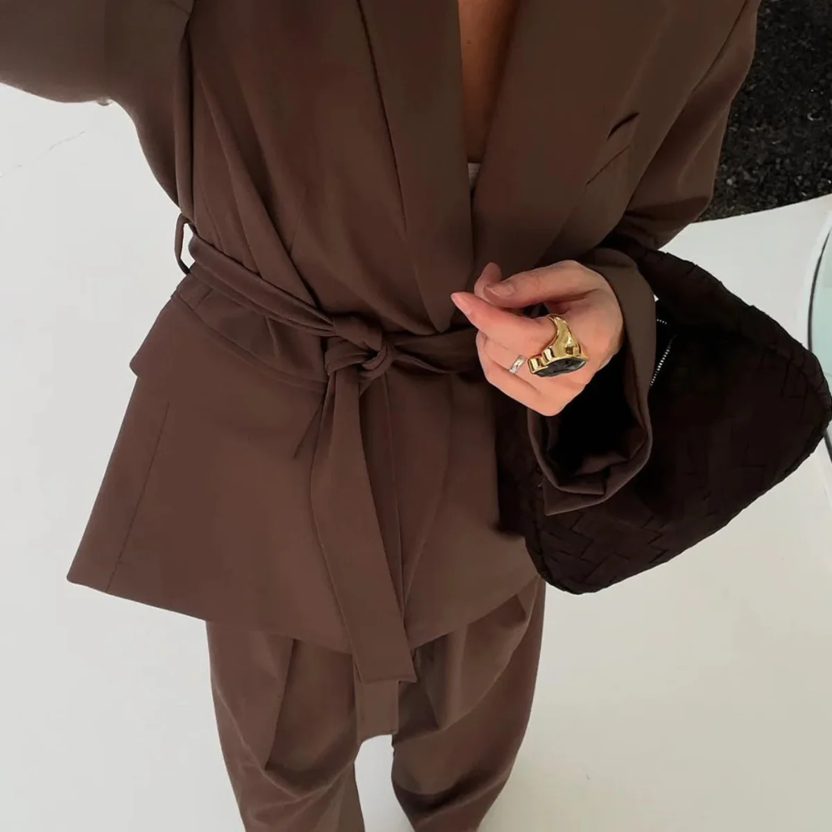 Women’s Belted Blazer & Wide-Leg Trouser Set - Tailored Two-Piece Suit