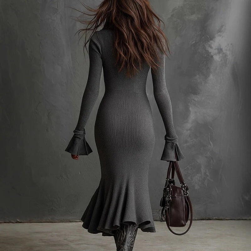 Women’s Kylie Flared Hem Knit Midi Dress - Elegant Zip-Front Bodycon Dress