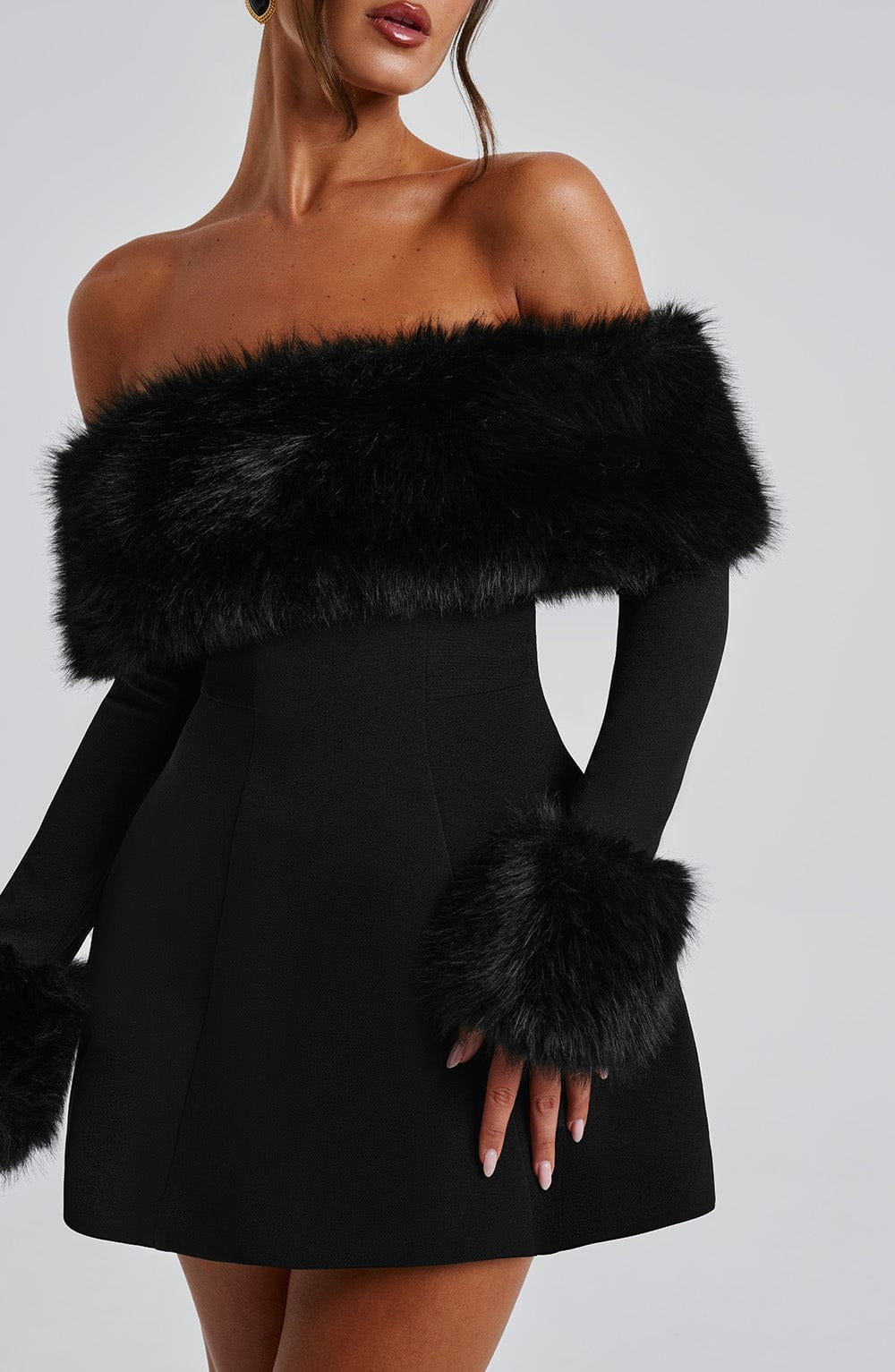 Women’s Mini Dress with Faux Fur Trim - Elegant Off-Shoulder