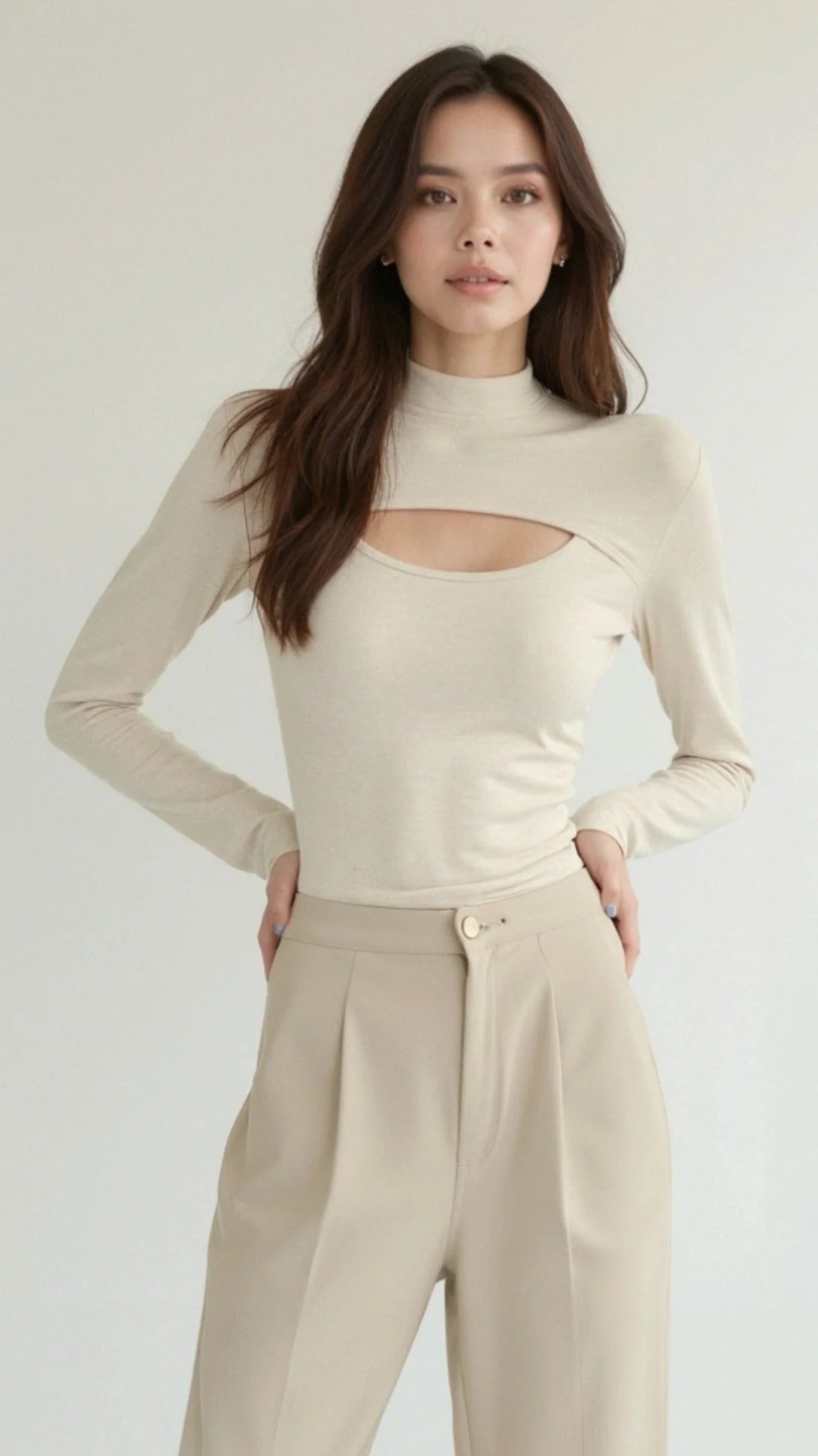 Women’s Cutout Long Sleeve Top - Mock Neck Fitted Blouse