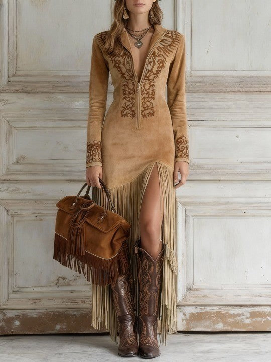 Women's Long-Sleeve Fringe Maxi Dress