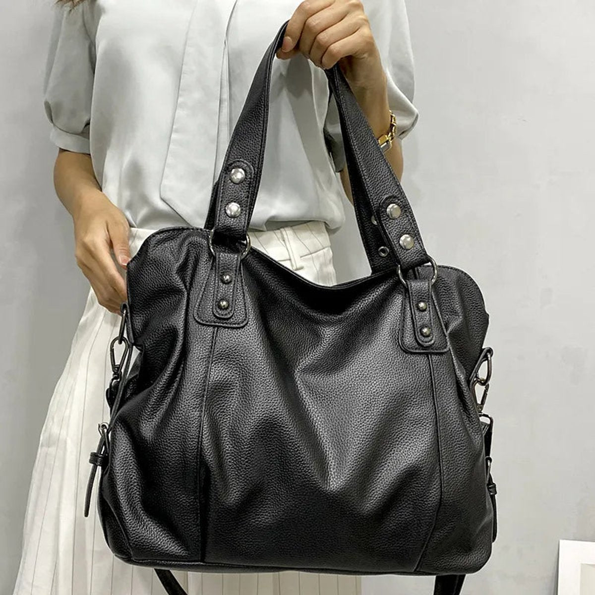 Large Black Faux Leather Studded Shoulder Tote Bag - Creme