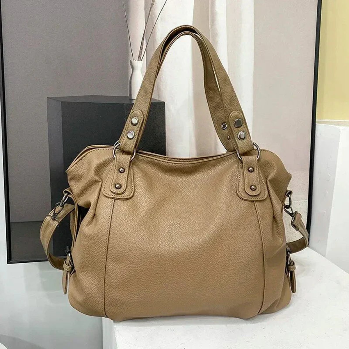 Large Black Faux Leather Studded Shoulder Tote Bag - Beige