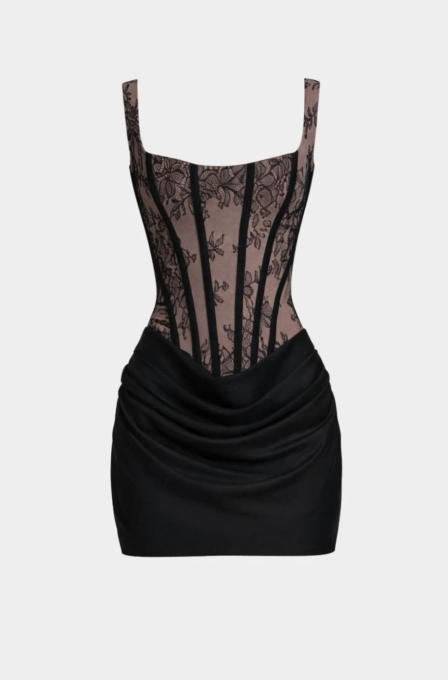 Melyna Women's Square Neck Boned Corset Satin Mini Party Dress - Black Lace