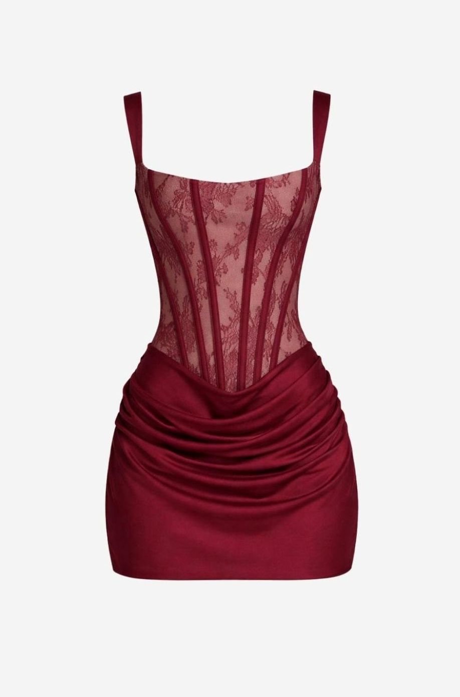 Melyna Women's Square Neck Boned Corset Satin Mini Party Dress - Burgundy Lace