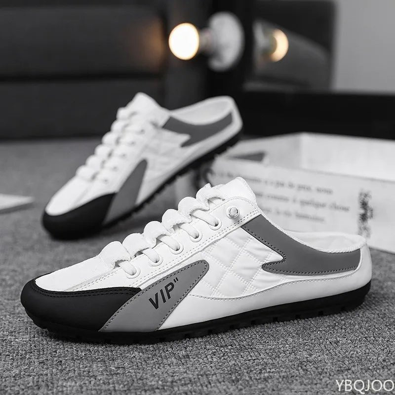 Men's Backless Lace-Up Mule Trainers Half Shoes - White