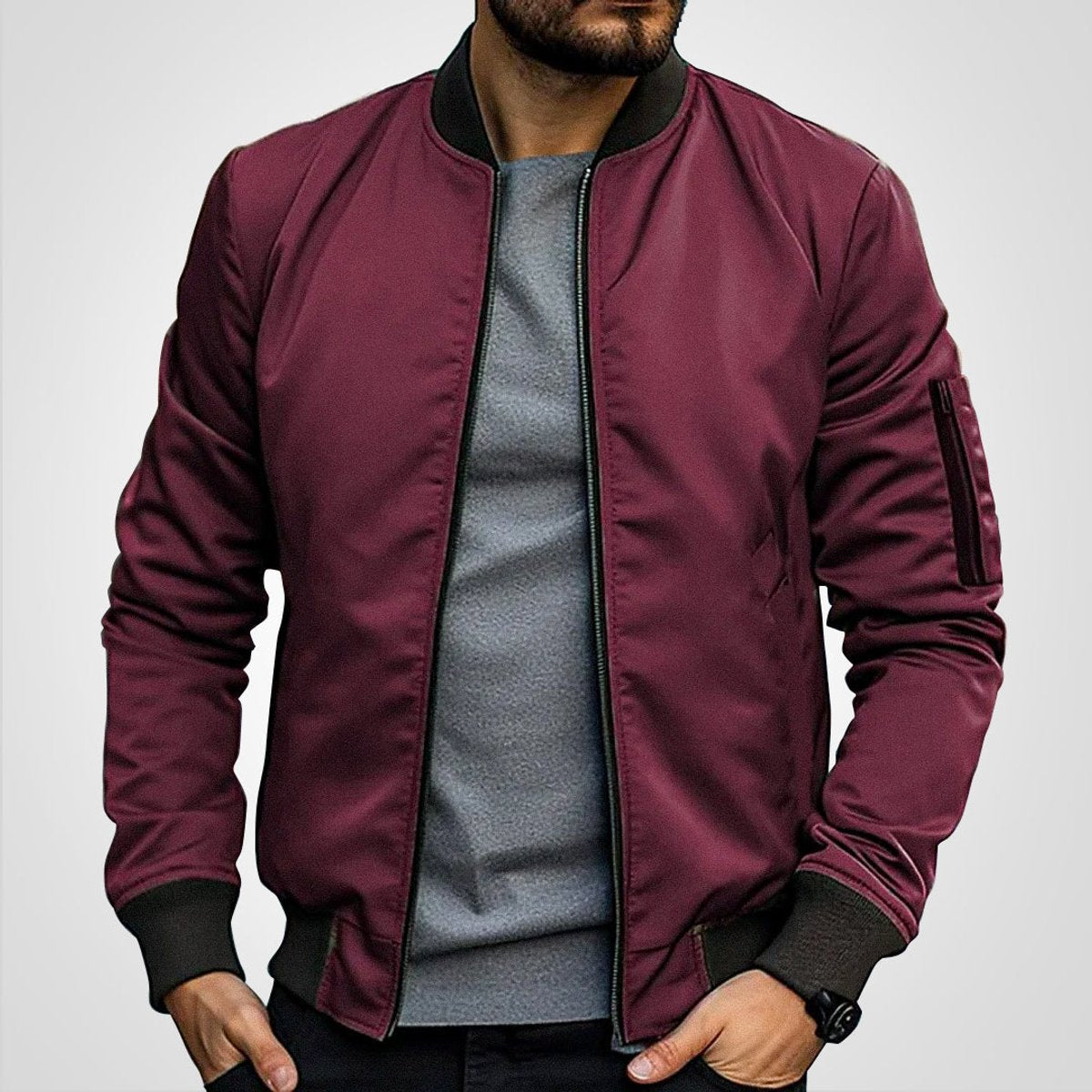 Mens Bomber Jacket Classic Zip-Up Insulated Flight Jacket - Burgundy