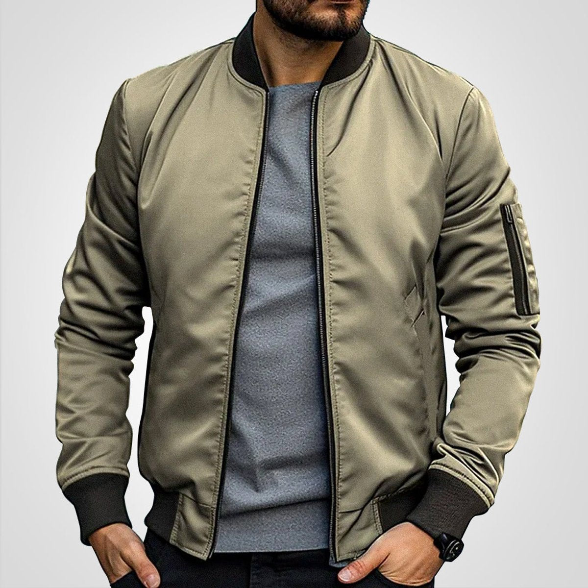 Mens Bomber Jacket Classic Zip-Up Insulated Flight Jacket - Khaki