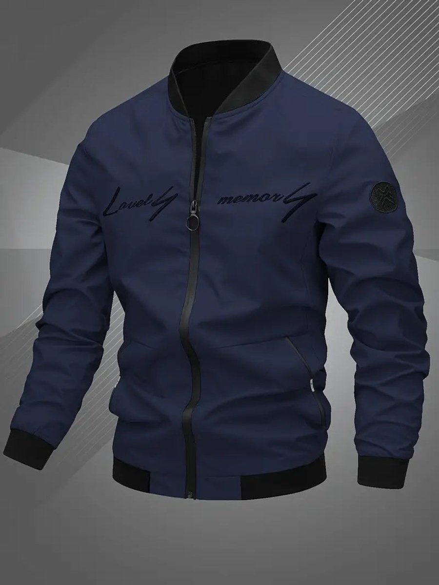 Mens Bomber Jacket Lightweight Zip-Up Baseball Collar Outerwear - Navy Blue