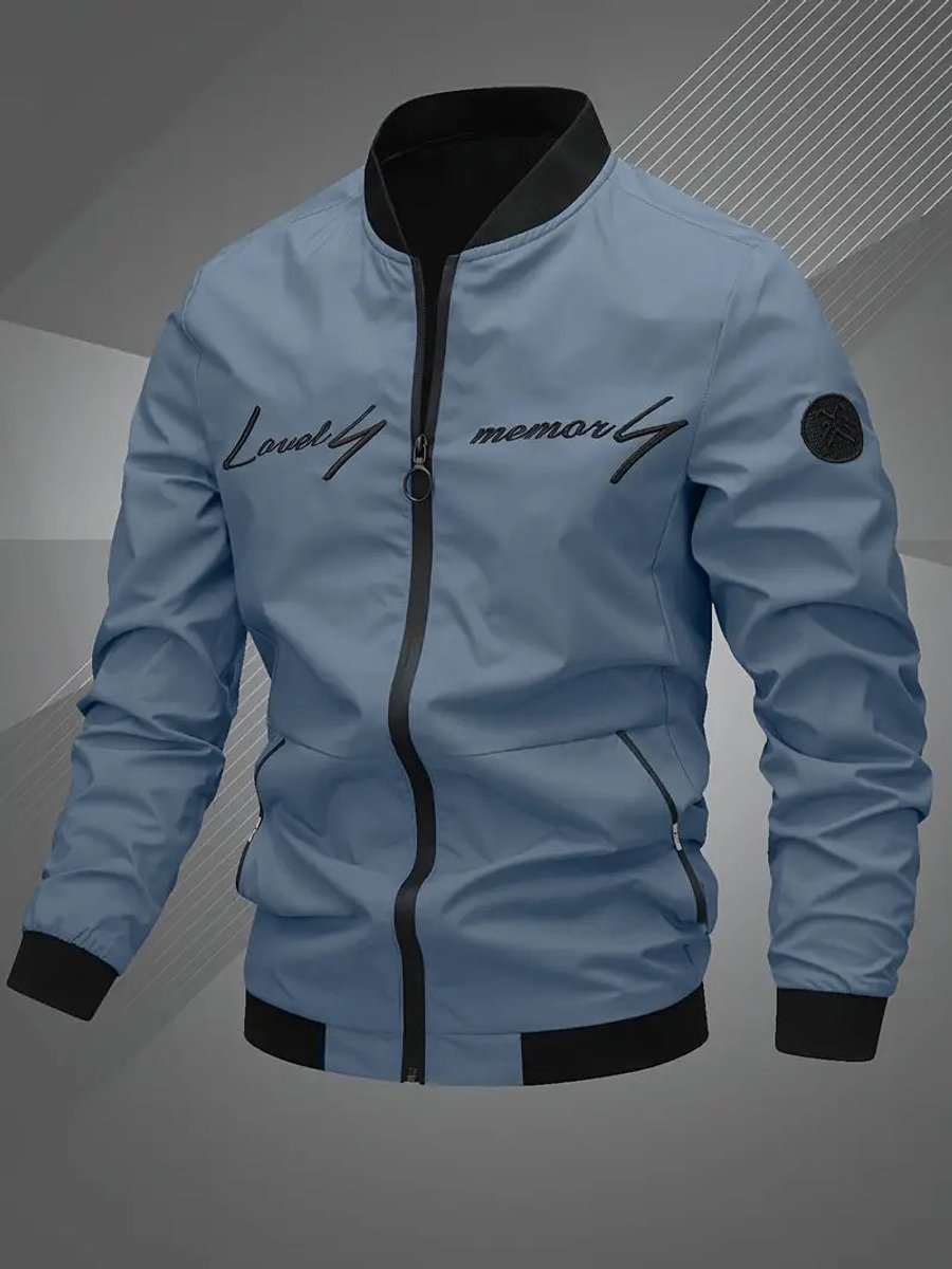 Mens Bomber Jacket Lightweight Zip-Up Baseball Collar Outerwear - Fog Blue
