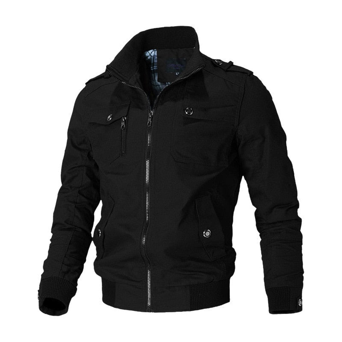 Mens Bomber Jacket Military-Style Zip-Up Utility Outerwear - Black