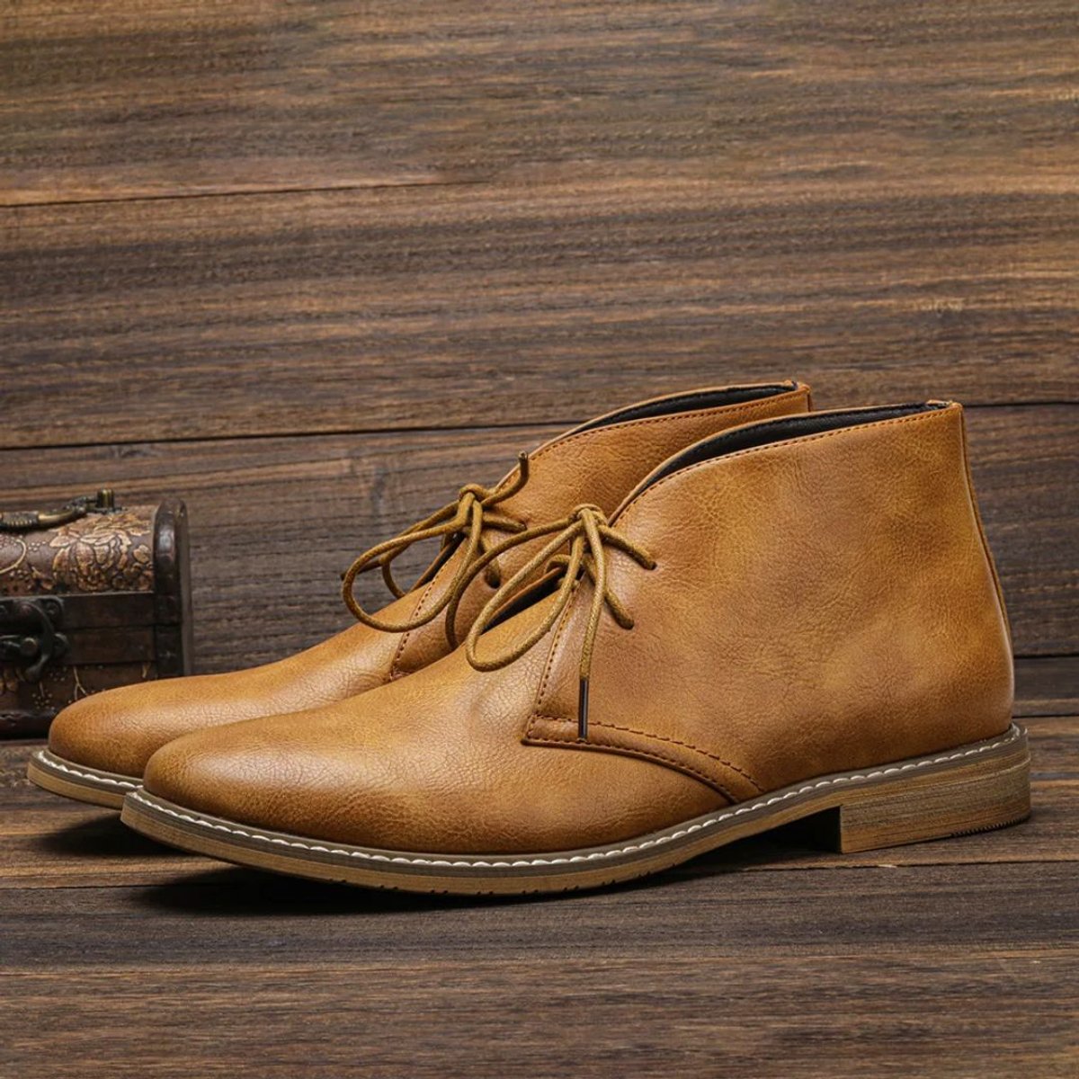 Mens Boots Lace-Up Chukka Ankle Faux Leather - Brown