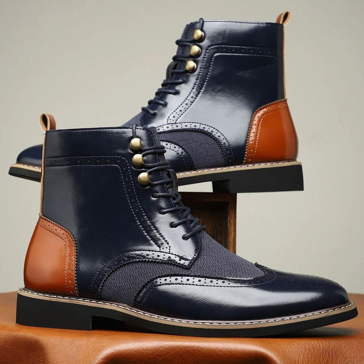 Men's Brogue Leather Boots Lace-Up Wingtip Ankle Boots - Navy Blue