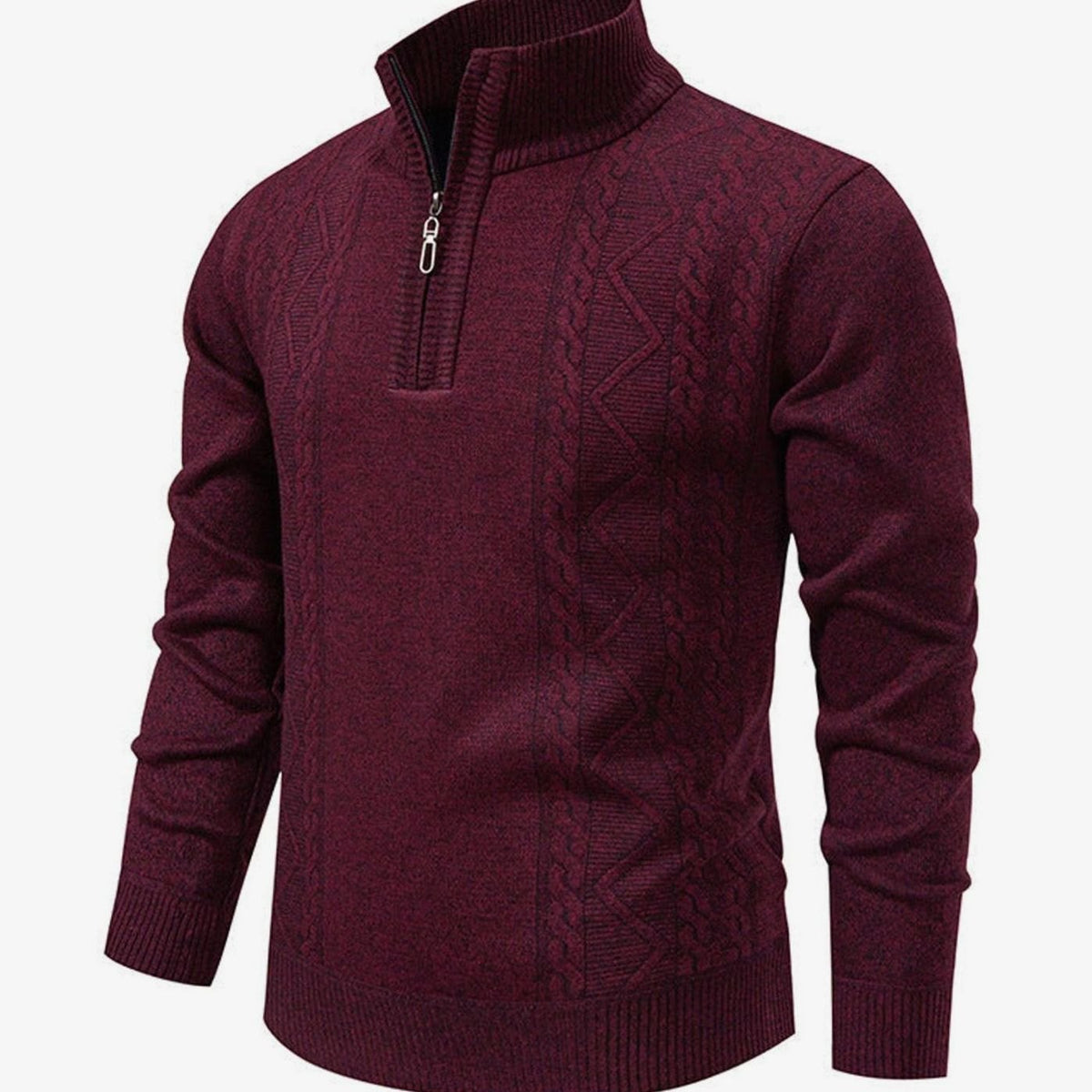 Men's Cable-Knit Quarter-Zip Stand Collar Jumper