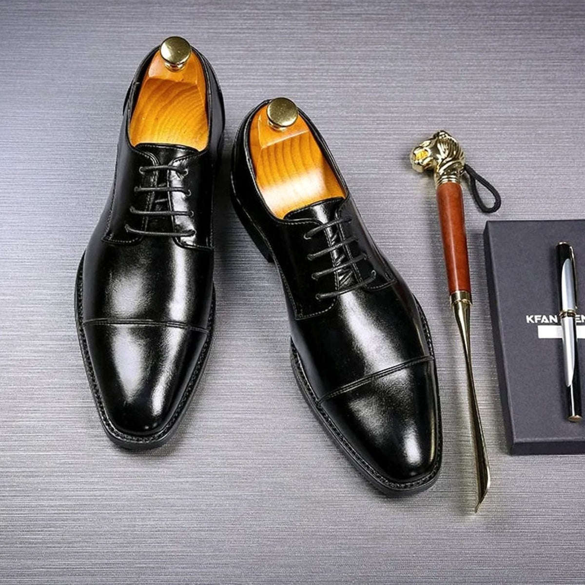 Men's Cap-Toe Lace-Up Leather Oxford Dress Shoes - Black