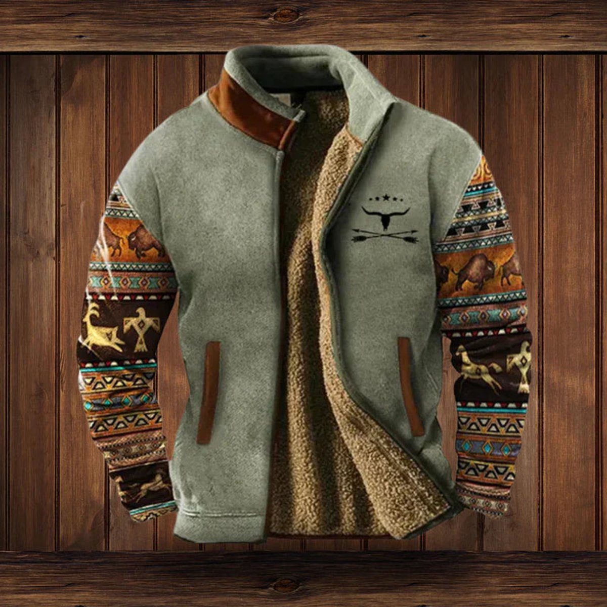 Mens Cardigan Aztec Print Sherpa-Lined Full-Zip Fleece Jacket - Grey with Print