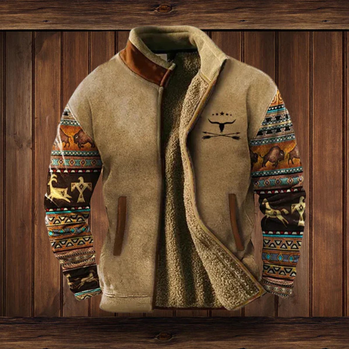 Mens Cardigan Aztec Print Sherpa-Lined Full-Zip Fleece Jacket - Brown with Print