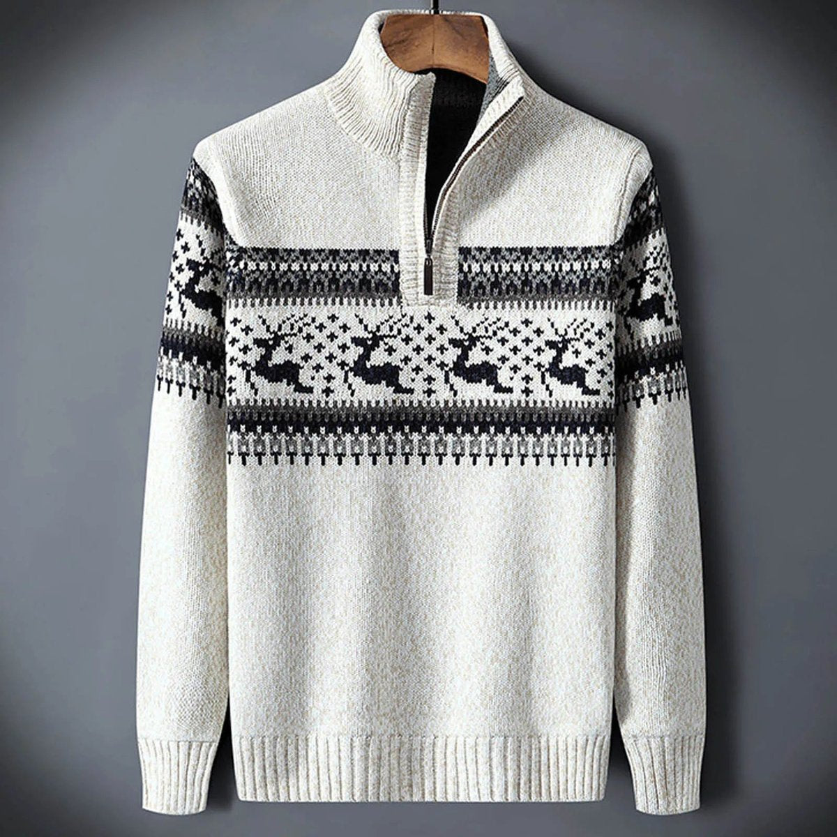 Mens Cardigan Fair Isle Half-Zip Ribbed Knit Jumper - White
