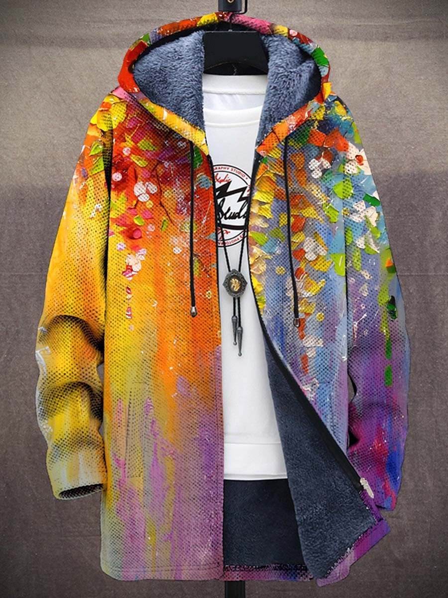 Mens Cardigan Fleece-Lined Zip-Up Abstract Art Hoodie - Rainbow