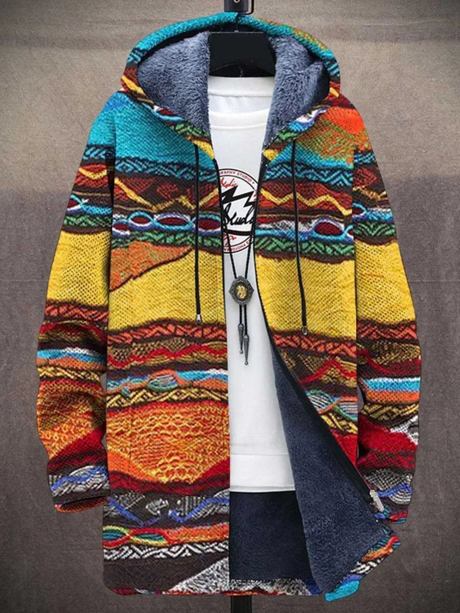 Mens Cardigan Fleece-Lined Zip-Up Abstract Art Hoodie - Retro