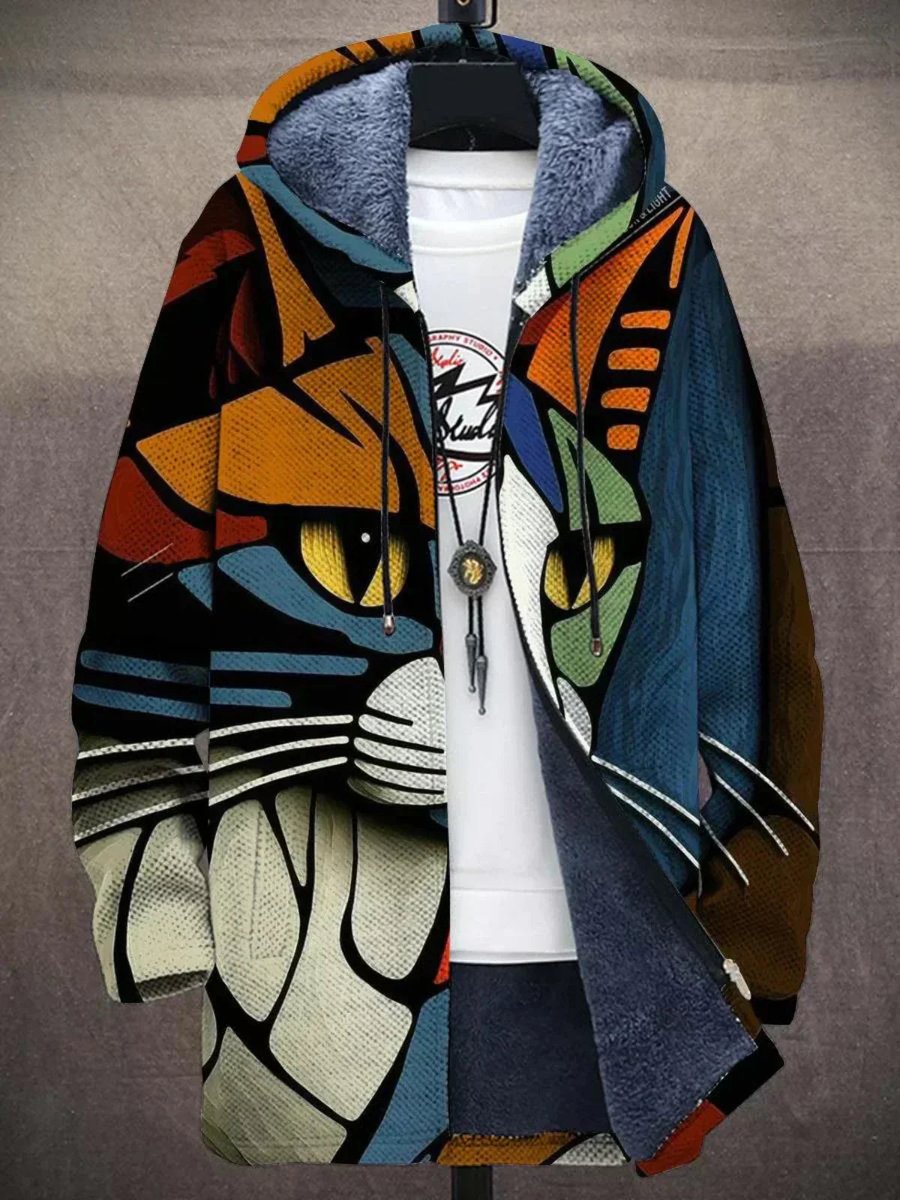 Mens Cardigan Fleece-Lined Zip-Up Abstract Art Hoodie - Cat