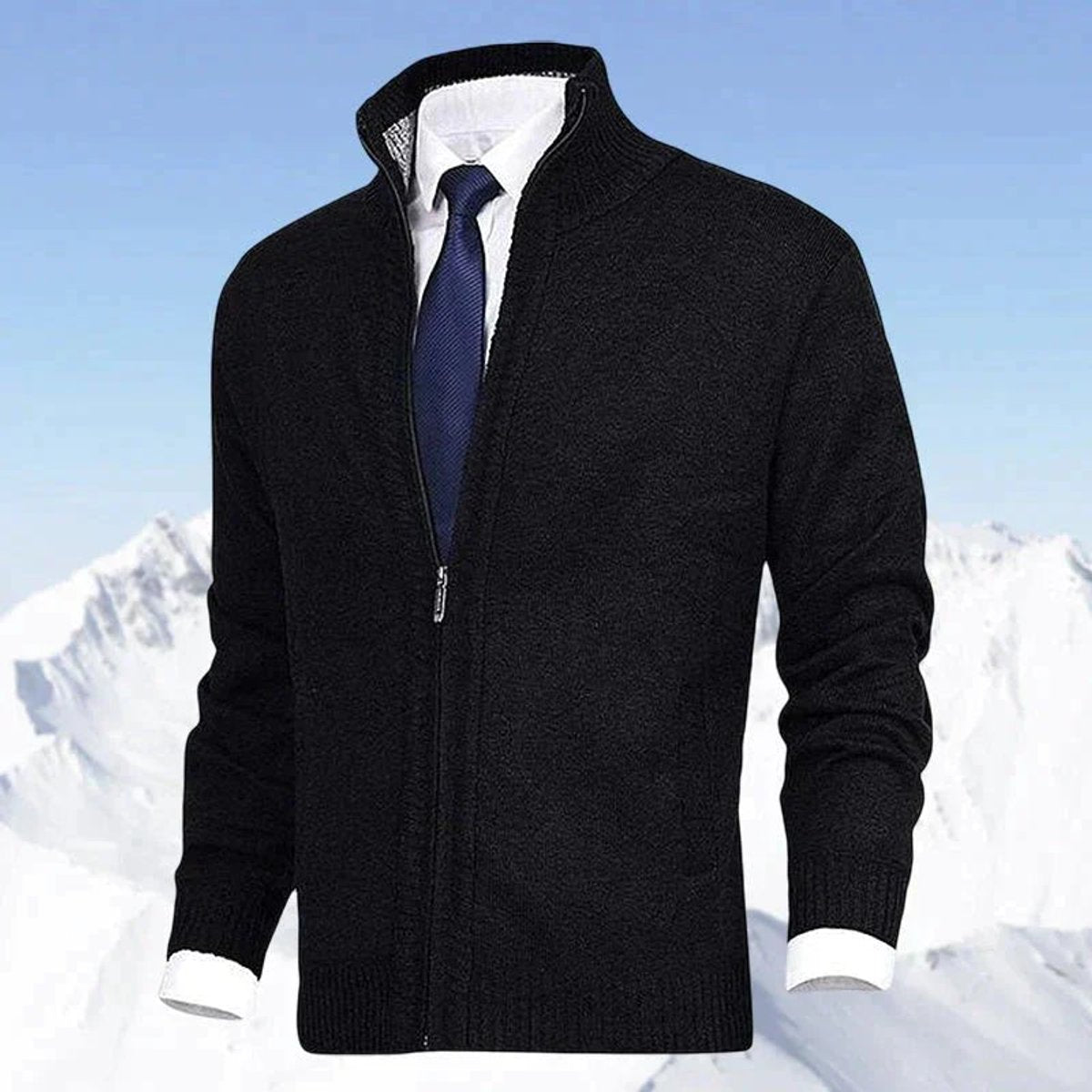 Mens Cardigan Full-Zip Knit Fleece-Lined Stand-Collar Jumper - Black