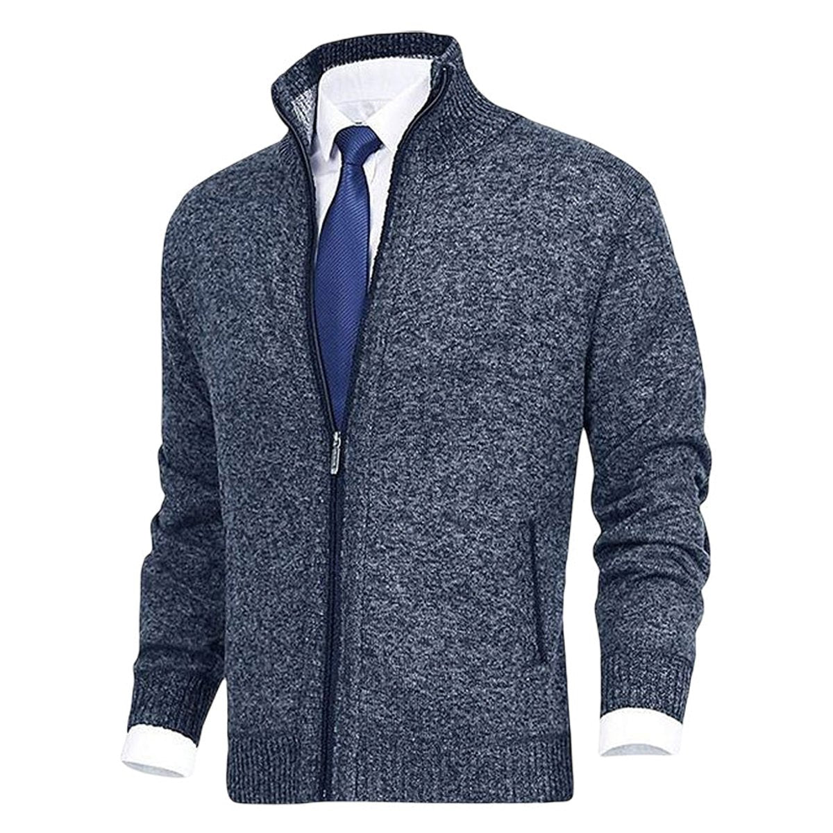 Mens Cardigan Full-Zip Knit Fleece-Lined Stand-Collar Jumper