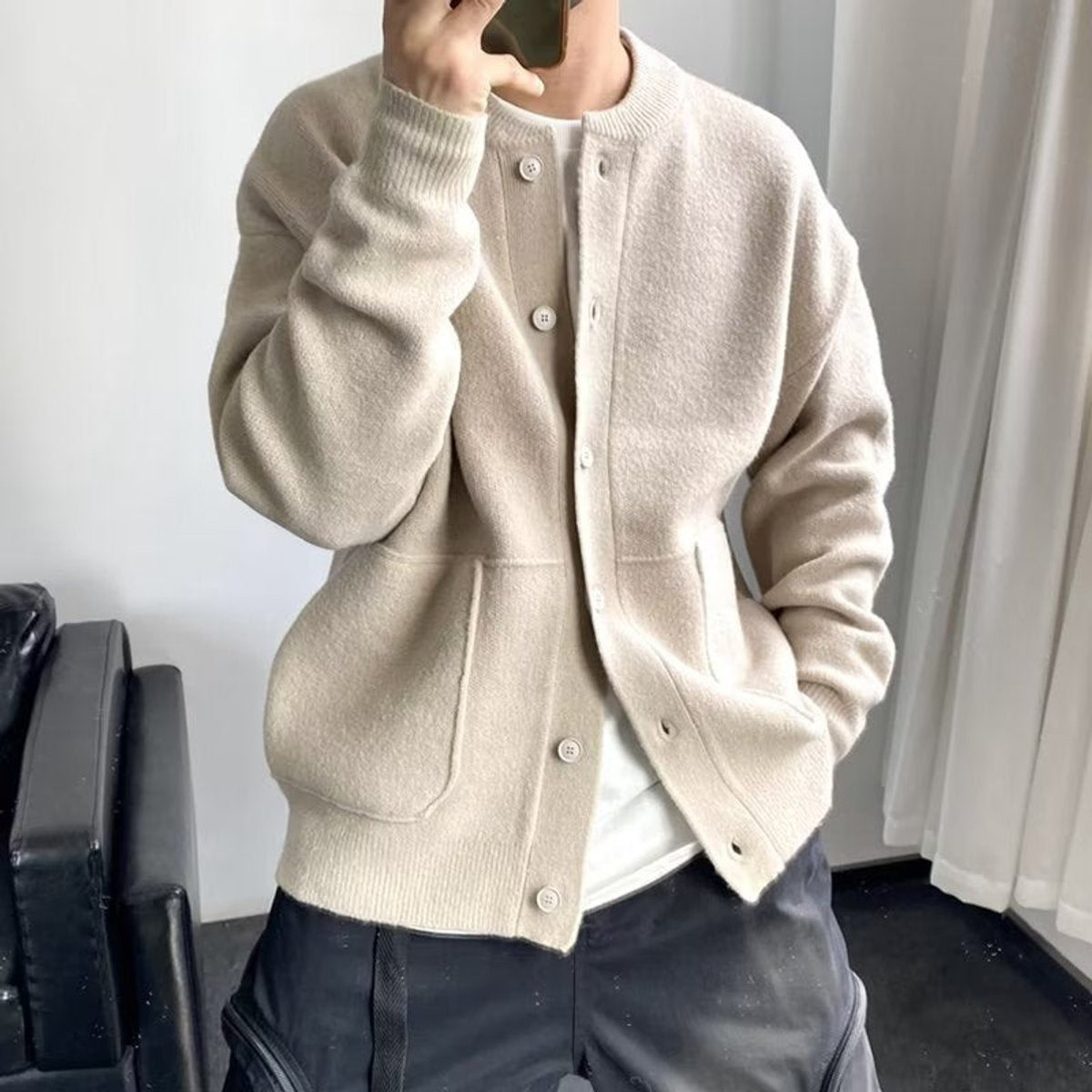 Mens Cardigan Relaxed Fit Button-Up Knit Bomber Jacket - Beige