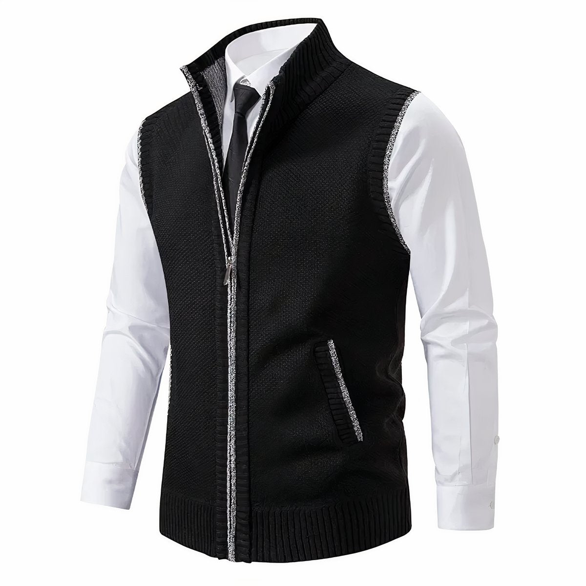 Mens Cardigan Sleeveless Zip-Up Knit Sweater Vest - Black